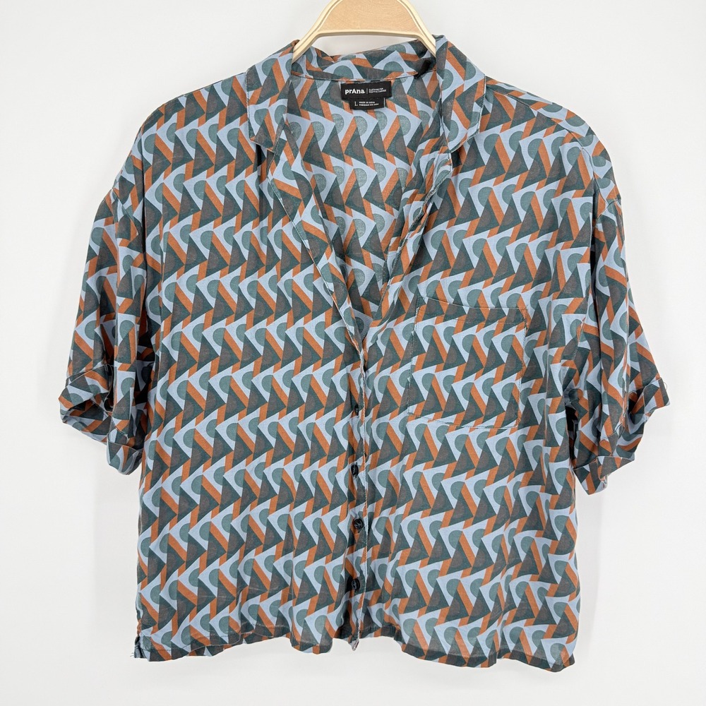 Prana Button Down Shirt Womens L Blue Geometric Print Tencel Boxy Cropped